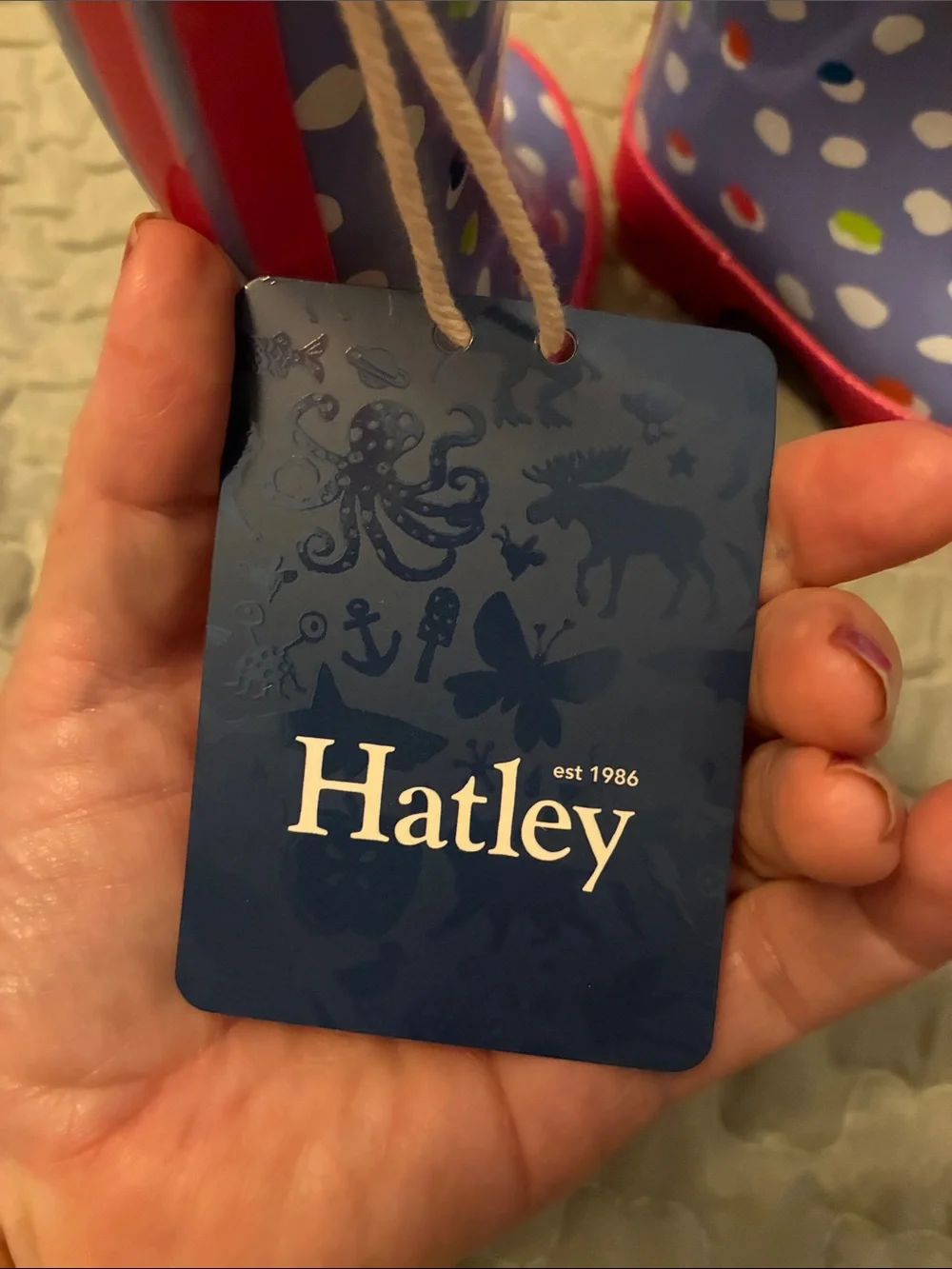 Hatley Blue Polka Dot Kids Rain Boots with Pink Trim